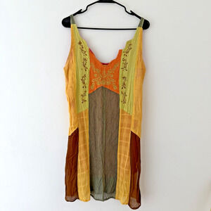 Boho Patchwork Silk Slip Dress Yellow Green Orange Floral Embroidery Festival M